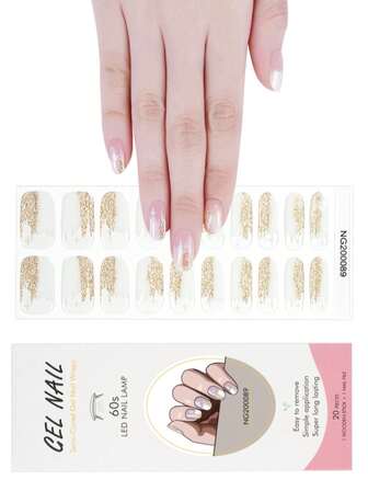 1 förpackning med 20 st naturliga, hållbara, klassiska jultema-guld- och vita UV-gelnagelklistermärken, enkla att applicera och ta bort