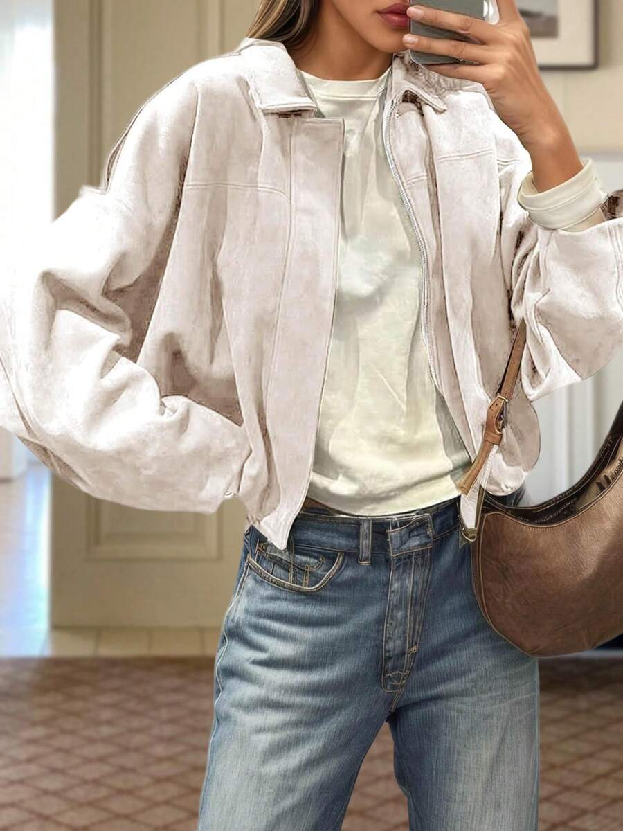 Womens Oversized Faux Suede Bomber Jacket Cropped Zip Up Lapel Coat Fall Winter Fall Winter Fashion Outfits - Màu be - Xem 1