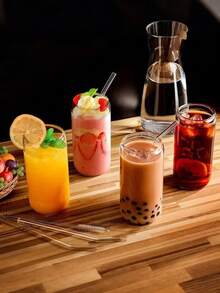 4/6pcs, 473ml/16oz Glass Cups, Glass Cups With Lid, Straw, And Straw Brush, Mason Jar Water Cup, Coffee Cup, Glass Cup With Plastic Lid, Cute Tea Set, Homemade Drinking Cup Set, Reusable, Suitable For Hotels And Family Gatherings - 4個杯子+4個蓋子+4個吸管+1個吸管刷 - 查看 6