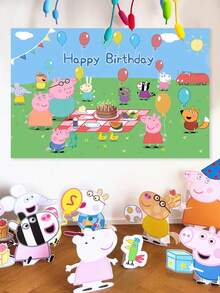 Peppa Pig 卡通主题家庭生日派对装饰，摄影道具，流苏生日横幅，生日背景布 - 彩色 - 查看 11