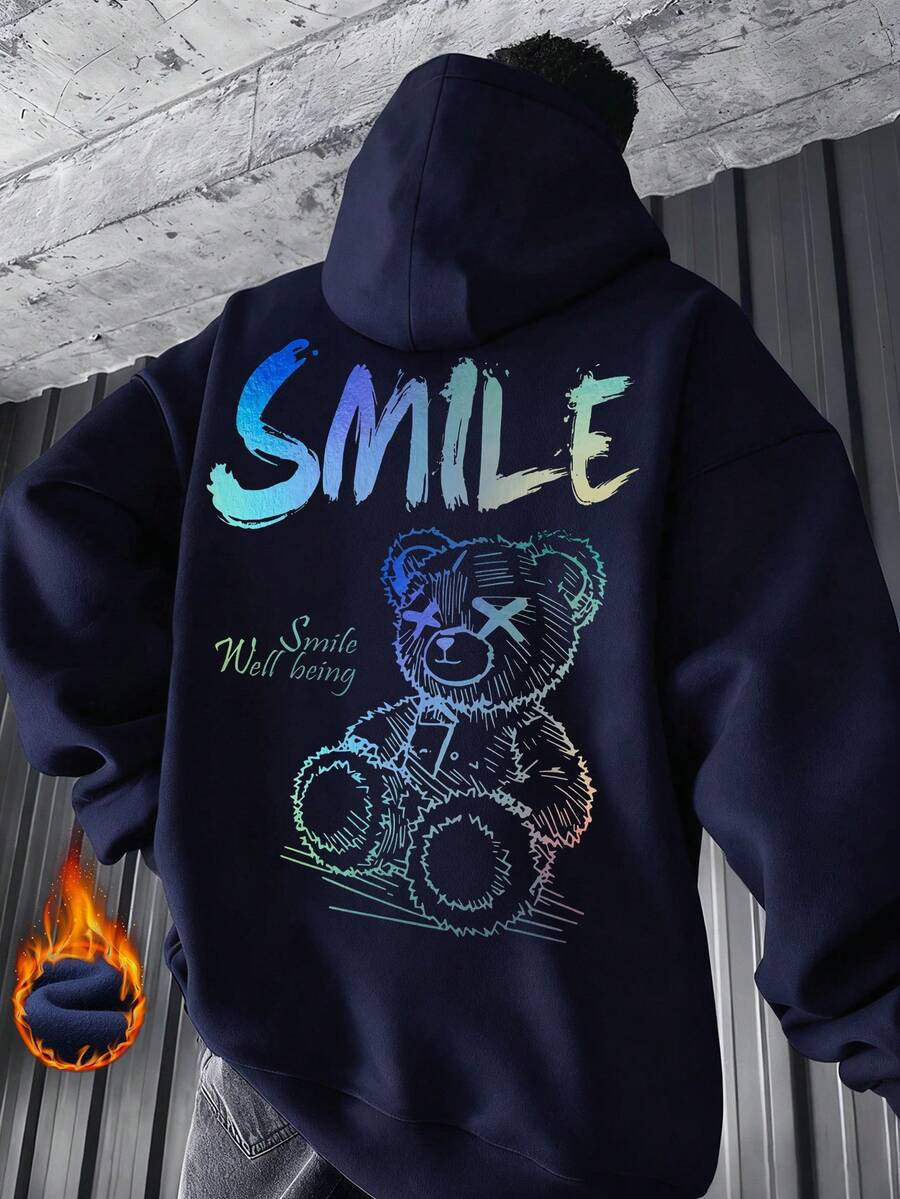 Zrgoth 男士连帽衫，新款秋冬街头风小熊及英文标语印花宽松袋鼠口袋套头卫衣 - 藏蓝色 - 查看 1