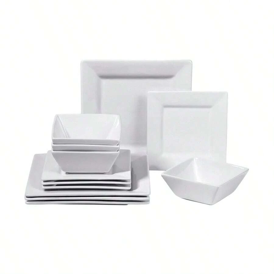 ***  *** White Porcelain Square Dinnerware Set, 12pcs (4 People) Xmas - White - View 1