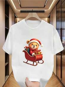 Camiseta informal de mujer con un adorable estampado de gatitos navideños. Cómoda camiseta de manga corta y cuello redondo, ideal para primavera y verano, fiestas navideñas y looks de invierno; perfecta para cualquier ocasión. Color liso, estilo casual, ideal para fiestas navideñas, reuniones familiares y para el día a día. - Blanco - Ver 1