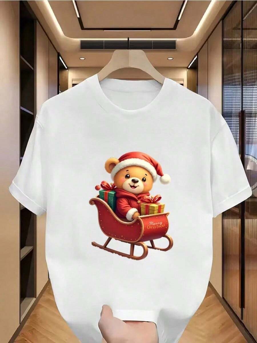 Camiseta informal de mujer con un adorable estampado de gatitos navideños. Cómoda camiseta de manga corta y cuello redondo, ideal para primavera y verano, fiestas navideñas y looks de invierno; perfecta para cualquier ocasión. Color liso, estilo casual, ideal para fiestas navideñas, reuniones familiares y para el día a día. - Blanco - Ver 1