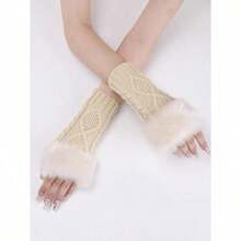 1pair Women's Coffee Colored Short Knitted Gloves With Exposed Fingertips, Winter Warm And Stylish - 米色 - 查看 4