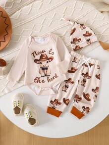 2pcs/Set Baby Boy Casual Comfortable Animal Print Long Sleeve Romper + Printed Pants Set, Autumn/Winter - Apricot - View 2