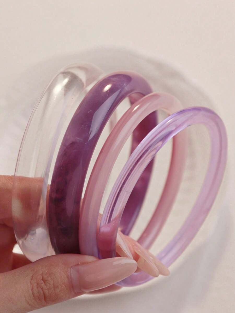 4件套优雅复古亚克力圆形手镯，简约设计，适合休闲和各种场合佩戴。 - 紫色 - 查看 1