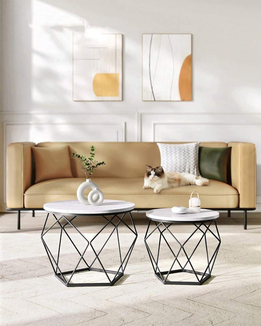 Round Coffee Table, Set Of 2, Side Table, Sofa End Table, Modern Style, Removable Top, Steel Frame, For Living Room, White And Black - Black and White - View 1