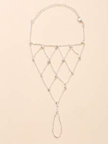 1 pieza Nuevo brazalete de cadena de dedo de malla nupcial, accesorio de brazalete de lujo con rhinestones - red - Ver 6