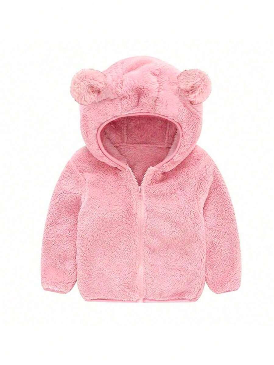 1pc Young Girls' Cute Sporty Casual Plush Pink Coat For Spring, Autumn, Winter - Pink - View 1