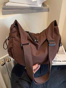 1个复古日系轻便大容量迷你格子布新月形包，简约休闲可折叠多口袋拉链斜挎包，适合休闲、通勤、运动、上学、街头穿着 - 咖啡 - 查看 4