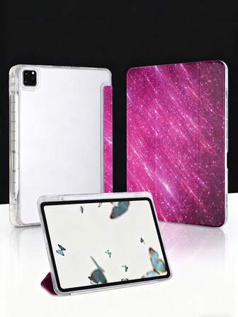 1pc Transparent Acrylic 3-Fold Starry Glitter Painted Tablet Case, High-Grade Shiny Protective Cover Suitable For IPad Mini6/Mini7/Air1/Air2/9.7/10.2/10.5/Air4/Air5/10.9/Pro11/10th Gen/A16 2024 2025, Built-In Pencil Slot, High Transparency Acrylic Back, 3-Fold Adjustable Stand, Magnetic/Auto Sleep/Wake