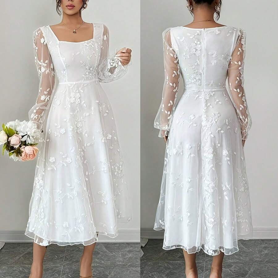 Solid Color Pattern Women's Autumn/Winter Elegant Jacquard Square Neck Waist-Cinching Long Sleeve Midi Dress, Dry Cleanable Garment, Medium Stretch Fabric, Suitable For Date Nights, Weddings / Holiday Parties And Casual Attire, Cowgirl Dresses For Women, Fall Wedding Guest Dresses, Formal Clothes For Women, Occasion Dresses For Women, Formal Event Clothing, Date Night Outfit, Midi Length Dress, Waist Cinching Dress, Floral Detail Dress - 白色 - 查看 1