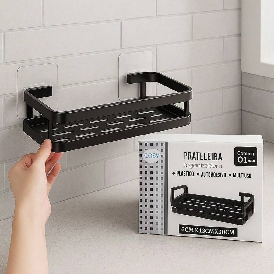 Prateleira Organizadora de Parede Preta – Plástica Autoadesiva p/ Cozinha e Banheiro - Preto - Visão 1