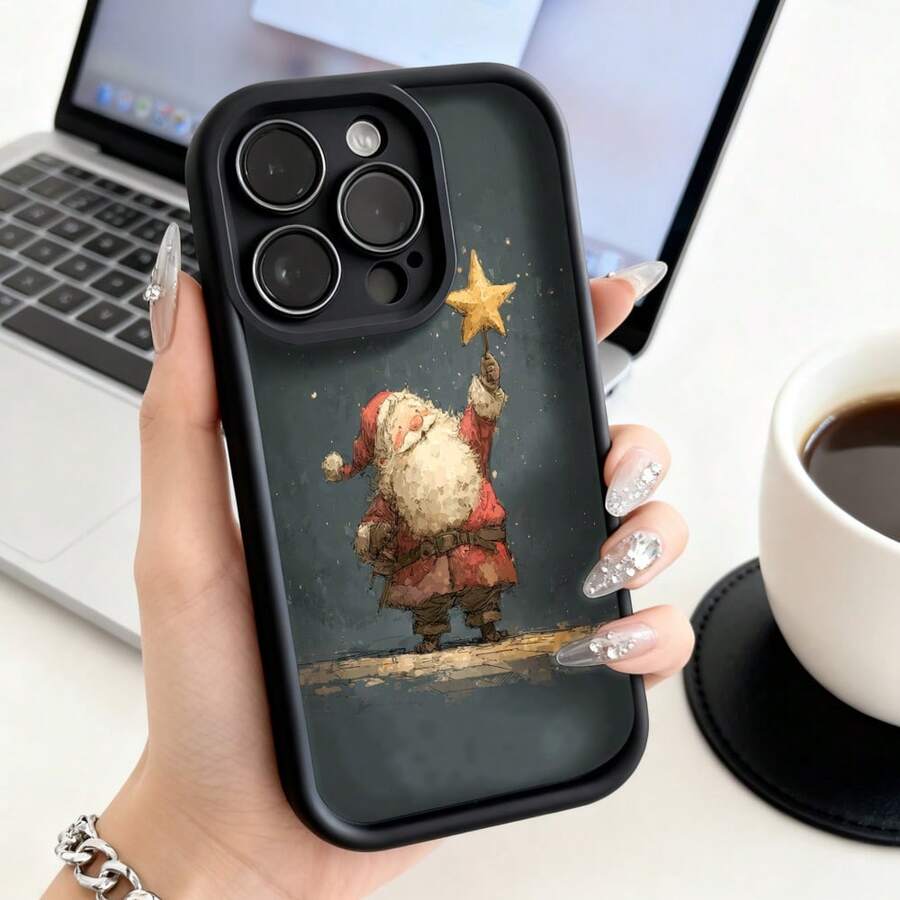Funda de Teléfono Santa Claus Sosteniendo Estrella Diseño Navideño Para iPhone 14 13 12 11 Pro Max Y  Galaxy S23 S22 S21 Plus Funda de Protección para Teléfono Regalo de Pareja para Novio Novia Presente de Vacaciones - Burdeos - Ver 1