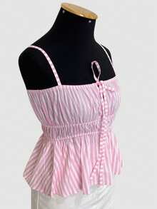 Women's Cropped Peplum Top, Summer Style, With Ruffled Hem. - Pink and White - View 2