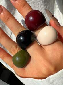 4pcs/Set Fashionable Unique Geometric Minimalist Resin Rings, Oversized Round Rings In Black, Red, Green, White For Women, Suitable For Daily Wear, Holidays And Parties - Multicolor - View 2