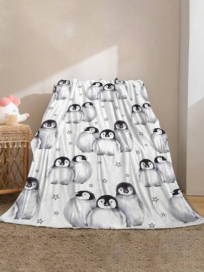 1pc Penguin Print Blanket - White Background With Adorable Penguins In Groups, Accented By Star Patterns - Soft Flannel, Lightweight For All Seasons, Great For Sofa, Bed, Beach, Camping, Ideal For Halloween And Birthday Gifts, Machine Washable