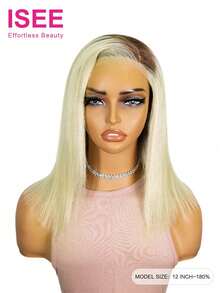 ISEE Hair Straight Light Brown Root Ash Blonde Ombre Hair Pre-Cut 6*4 Transparent Lace Wear Go Glueless Wig Pre-Cut Closure Lace & Pre-Plucked Hairline 10-14 Bob Inch 180% Density Real Human Hair Lace Front Wig - S5/613/24 - View 4