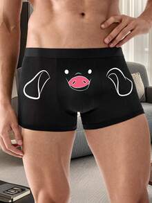 男士黑色三角裤，可爱小猪印花，性感、弹力舒适，日常内裤 - 黑色 - 查看 3
