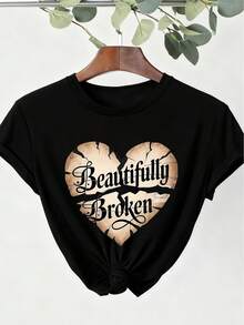 夏季上衣，女式休闲圆领 T 恤，带有“美丽破碎”心形图案，100% 涤纶针织，常规长度，适合所有季节穿着舒适，女式图案 T 恤 - 黑色 - 查看 4