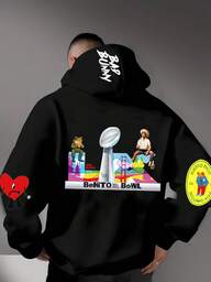 A Black Hoodie With The Words "BadBunny Benito Bowl Puerto Rico" Printed On It, BadBunny Fans Need This Hoodie For 2026 Benito Bowl, Double-Sided Printed (250g Polyester Fiber) Hoodie, Y2k Clothes Men, Here For The Benito Bowl Men And Women Hoodie, Long Sleeved Hooded Sweatshirt With Fleece For Autumn And Winter, Couple Fashion Casual Exquisite Cotton Hoodie