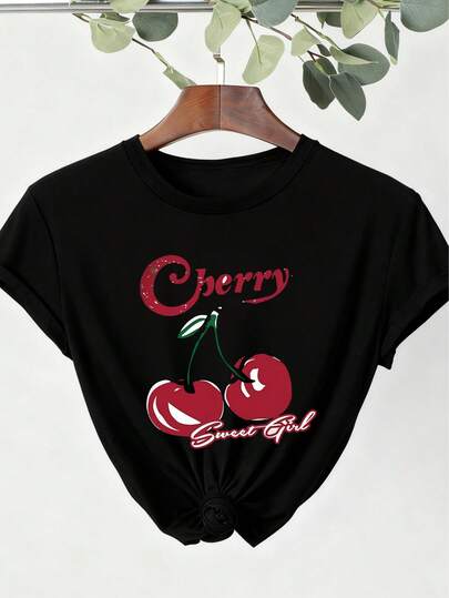 女士夏季休闲樱桃字母印花T恤，春夏圆领短袖上衣，女士夏季上衣