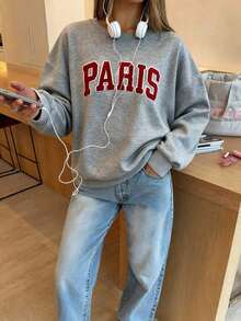 Christmas Outfit WomenWomen Gray Rib-Knit Pullover Sweatshirt With Long Sleeve Round Neck And Paris Embroidery Casual Fits, Featuring A Comfortable Round Neck And Long Sleeves With Rib-Knit Details For Everyday WearLoose And Comfortablewinter Clothes For Women - 灰色 - 查看 6