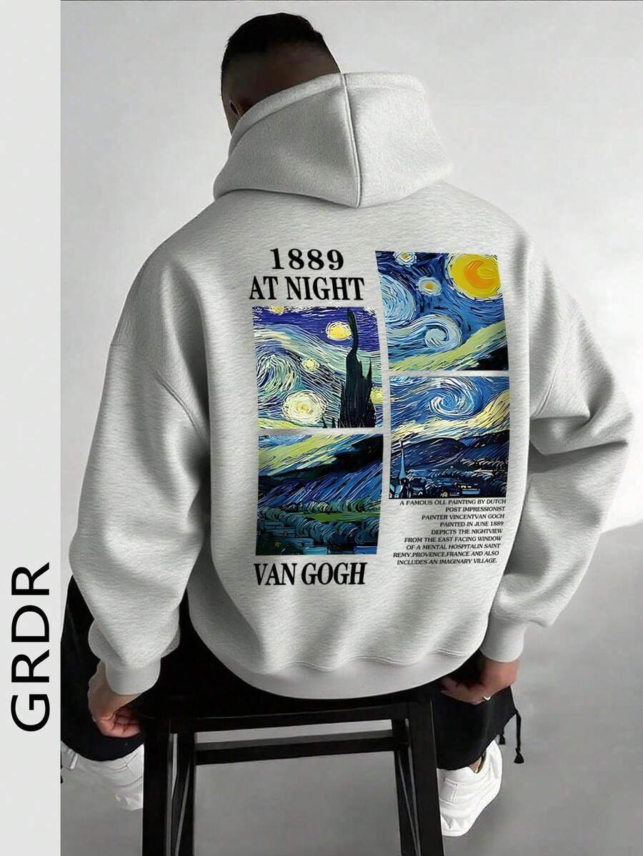 GRDR 男士休闲宽松印花连帽卫衣，秋冬款 - 灰色 - 查看 1