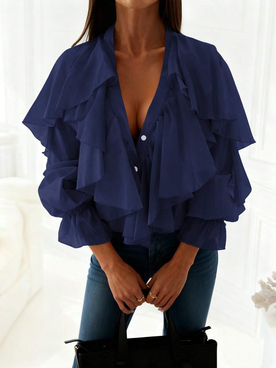 Áo kiểu nữ cổ chữ V tay phồng xếp ly cài nút dáng rộng bằng chiffon, thời trang gợi cảm, thoải mái, hơi xuyên thấu, phong cách bohemian, thích hợp mặc đi biển mùa xuân/hè/thu. - Màu xanh lam - Xem 1