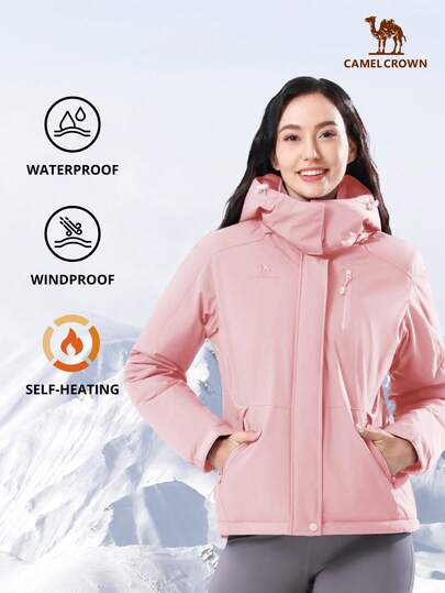 CAMEL CROWN 女士防水滑雪服，抓绒内衬，保暖，冬季，带帽，防风滑雪服