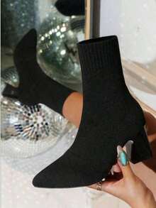 Women's Classic Black Pointed Toe Thick High Heel Ankle Boots, Fashionable, Versatile, Elegant, Ladder Design, Non-Slip Sole, Suitable For Halloween, Wedding, Holiday Season, Autumn/Winter Botas De Mujer Zapatillas Elegantes De Mujer  Zapatos De Vestir Mujer - Black - View 1