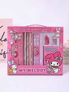 Sanrio Hello Kitty & Kuromi 卡通人物文具礼盒套装，包含铅笔、笔记本、卷笔刀、铅笔盒、尺子、橡皮和蜡笔，三丽鸥正版授权