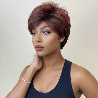 棕黑色精灵短发假发，全机织合成假发，适合女性，免胶精灵短发假发，层次分明，浅棕色短碎发假发，适合初学者。