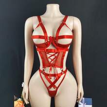weiweihu 1 Piece Set Of Hollowed-Out Strap Open File One-Piece Suit Suitable For Home Or Private Party Use, Hollow Strap Jumpsuit,Sexy Underwear,Lingerie For Women ,Lingerie Set,Lenceria Para Mujer,Lencería Para Mujer,Red Lingerie Set,Christmas>Lingerie,Christmas Outfit Women,Matching Sets Women - 紅色 - 查看 3