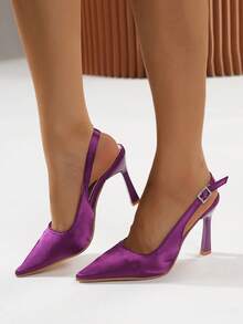 Damskie modne fioletowe satynowe buty na obcasie typu stiletto z szpiczastym noskiem i niską cholewką, z paskiem i klamrą ze strasów - Fioletowy - Zobacz 3