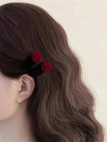 Pinza de pato de perla roja premium, pasador de cabello con velvet rosa, accesorio para el cabello, pinzas de agarre, pasador de cabello, barretas - Multicolor - Ver 1