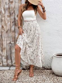 High Waist Tiered Floral Maxi Skirt For Women Boho Summer Flowy Long Skirt Vacation Spring White - White - View 4