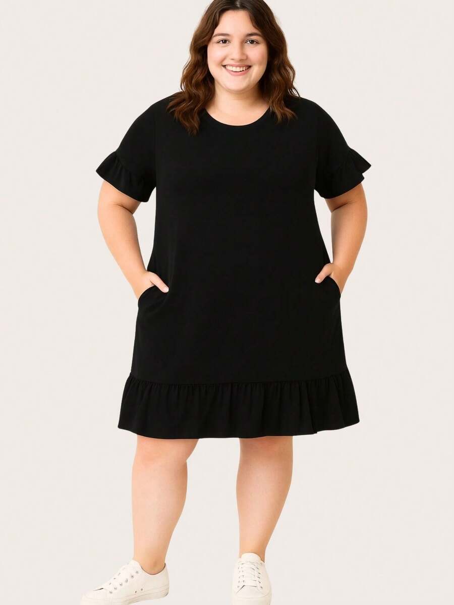 Plus Size Printed Dress With Pocket And Ruffle - màu đen - Xem 1