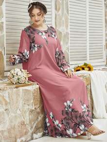 Vestido largo de poliéster de talla grande para mujer con cuello redondo y hermoso estampado de borde floral - Rosado Sandía - Ver 6
