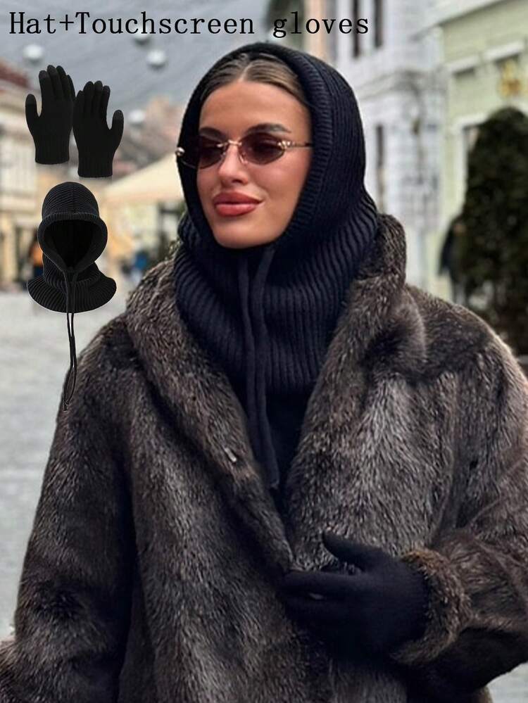 1pc/2pcs Women Black Balaclava Hat With Drawstring Detachable Collar, Wool Blend Neck Warmer Ski Mask, Outdoor Winter Knit Face Cover Scarf Hood, Suitable For Cold Weather, Random Style Delivery, Christmas Gift | SHEIN USA