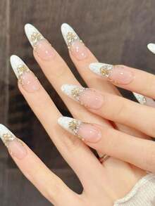 10PCS Long Oval Handmade Press On Nails For Party And Daily Wear,White Nails, Shiny Cat's Eye,Oval Nails,Gradual Butterfly Drill,Shiny And Dazzling,Easy To Wear 10pcs Y2K Handmade Press On Nails,Suitable For Girls And Women Festivals Parties And Daily Wear Nail Supplies - White - View 4