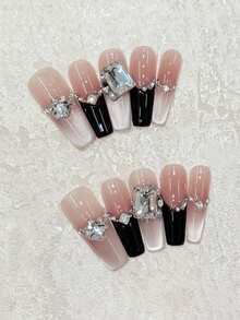 10片装奢华猫眼美甲贴纸，镶嵌黑色水钻和方形钻石，轻盈百搭，适合约会、日常佩戴、音乐会、节日等场合 - 可重复使用的手工美甲贴片，含果冻胶和迷你指甲锉，美甲用品 - 彩色 - 查看 19