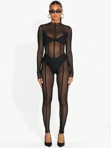 European And American Style Long-Sleeved Mesh Trousers 2025 Spring Ins New Women's Sexy Transparent Jumpsuit - 黑色 - 查看 2