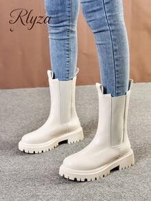 Fall/Winter 2025 Zipper Back Chelsea Boots, Beige Preppy Style Solid Chelsea Boots,Ideal With Jeans - Beige - View 3