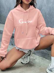Plus Size Cartoon Print Long Sleeve Dropped Shoulder Casual Sweatshirt With Pocket - Pink - View 6