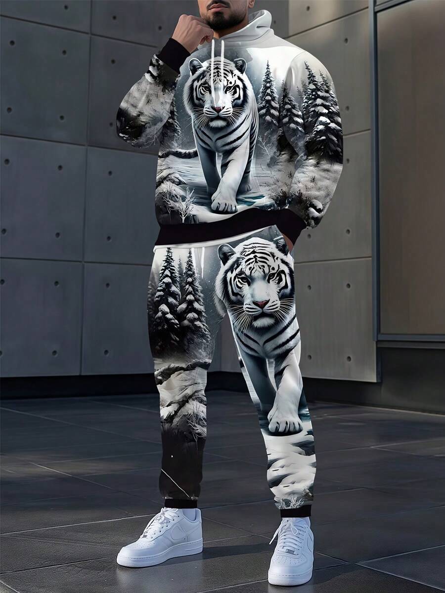 Animal Tiger Full-Body Digital Print Men's Suit Sweatshirt Forest Tiger Print Casual Hoodie + Drawstring Casual Pants 2pcs Set Men's And Women's Couple Hoodie Suit - style - 查看 1
