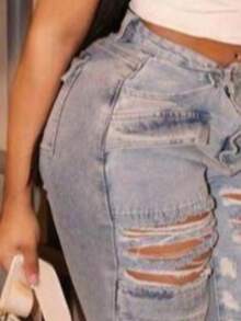 Women's Straight Leg Jeans - Ripped Destroyed Denim Pants With Utility Pockets, Streetwear Jeans - Light Wash - View 5