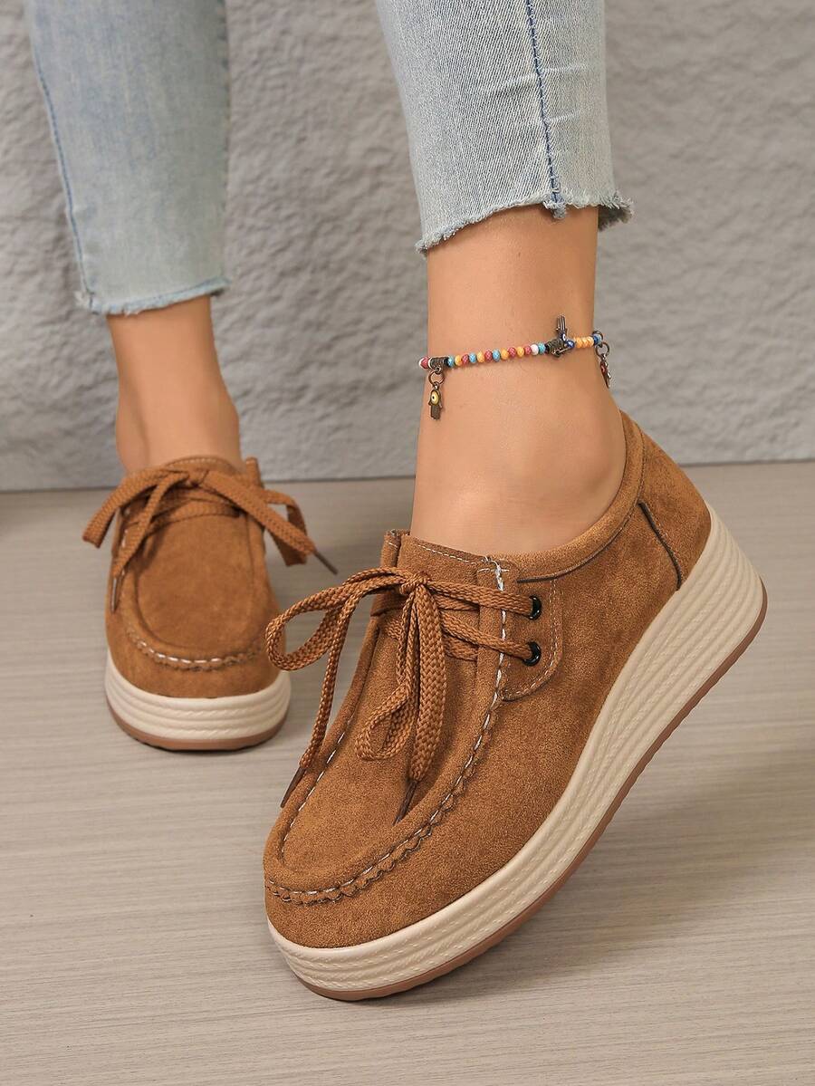 Women's Fashion Casual Shoes, Solid Color Metal Eyelets Lace-Up, Faux Suede Lining, Platform Wedge Sneakers