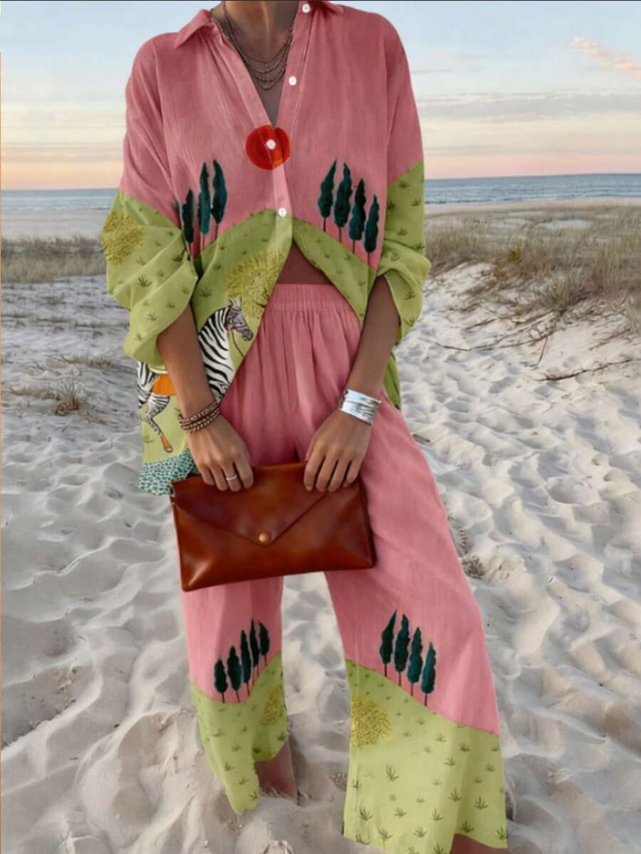 2025秋冬新款女装时尚优雅休闲度假风草坪树太阳图案设计长袖长裤女士两件套套装夏季女装 - 彩色 - 查看 1